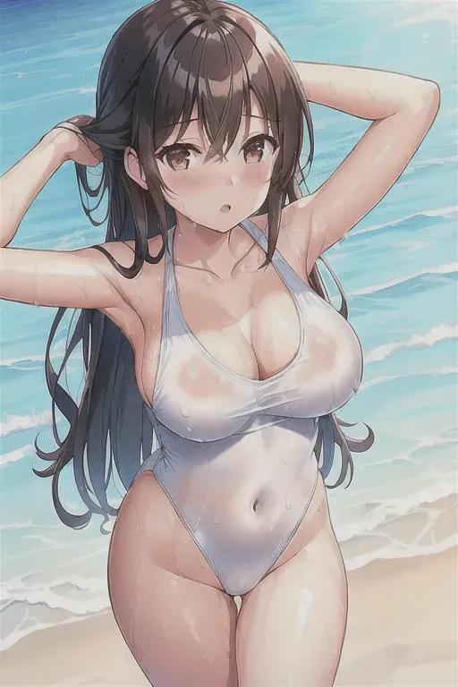 1girl, swimsuit, breasts, breasts, bare shoulders, outdoors, beach, sunlight, collarbone, one-piece swimsuit, blush, looking at viewer, navel, tight, athletic, arms, perfect body, parted lips, wet, long hair, straight hair