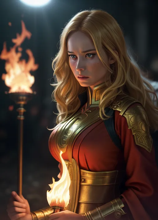 Tall 8K resolution image of a fire mage with an incredibly realistic face, resembling Brie Larson. Intense flames burst forth from her eyes, underscoring her mystical abilities. The photo emphasizes her face and upper body, adorned in arcane garments, with fire dancing over her and her untamed blonde hair.
(8k RAW photo), (best quality), (masterpiece:1.3), (photorealistic), hair highlighted, UHD, Nikon Z5, (28-80mm zoom lens), (((zoomed out:1.3))), f2.8 apature, sharp focus, tack sharp, dof, film grain, bokeh, Fujifilm XT3, (dramatic lighting), subsurface scattering, volumetric lighting, focused, intricate detailed background, dramatic pose, dramatic pov, dramatic angle, dramatic lighting, cinematic composition, (cinematic lighting:1.3), studio lighting, surreal, ultra realistic, sharp focus, cgsociety, HDR, (highest quality:1.8), highest resolution, editorial, national geographic, (photorealistic:1.72), -s 75, -A k_dpm_2,