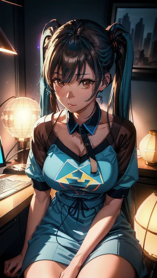 Best quality, high res, 1 adult woman, (adult woman sitting before a computer in a cluttered room), (blue hair with twintails and headphone), (correct human anatomy), ((extremely detailed face:1.3)), (extremely detailed brown eyes:1.3), (beautiful detailed lips:1.1), turning to look at viewer with surpised expression, stunning dreamy atmosphere, beautiful colourful lighting, cinematic composition, vivid colours, soft artwork, (candid:1.3), (flat shading stylised art:1.15), <lora:dpmg_add_detail:1.05>, high rise apartment abstract night sky and beautiful night clouds, (physically-based ray tracing, photon mapping, photorealistic:1.35), high quality masterpiece, 4k, HDR, UHD, high quality fingers
