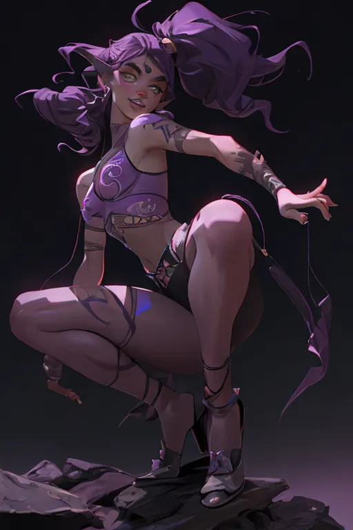lost 80s cinema, dvd screenshot of vintage 80s dark fantasy film, vulgar pose, (small natural breasts), ((shemale, trans, massive underwear bulge)), night elf stripper at work, purple skin, (glowing yellow eyes, facial tattoos), dancing, five fingers each hand, five toes each foot, squatting