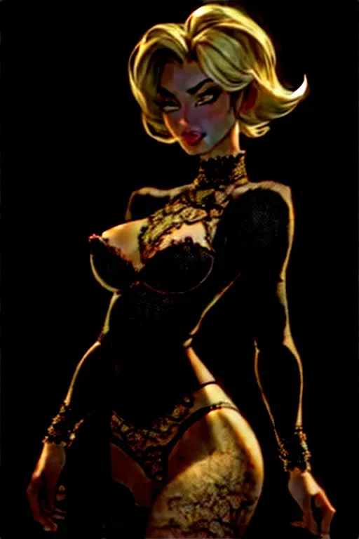nsfw, masterpiece, best quality, cowboy shot, standing, castle, solo, (mature female:1.3), lips long eyelashes, slim body, blonde short hair, hime cute, angry, brown eyes, large breasts, cupless lace bra, nipples, crotchless lace panties, red panties, pubic hair, pussy <lora:crotchless:1>