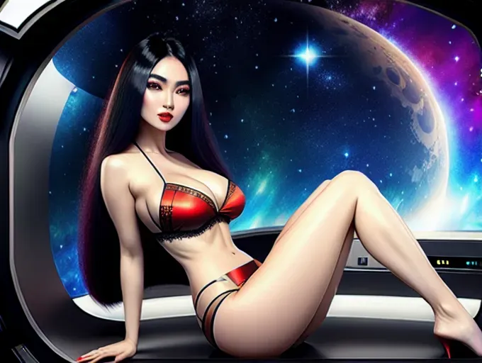 photography of kyrgyz girl, 18 years old, beautiful face, colorful long hair, astronaut, perfect body, big rounded eyes, beautiful red lips, highly detailed face, curved eyebrows, inocent face, correct anatomy, 8k, insanely beautiful, ultrarealistic, small waist, sexy pose, back pose, small lace bikini space suite, inside a spaceship, full body,laser machine gun, sci-fi style, sitting on a control chair, vintage, sexy