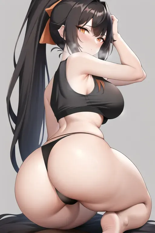best quality, masterpiece, 1girl, sex, nsfw, looking at viewer, bed, orange eyes, long hair, black hair, high ponytail, 30 inch breasts, mature female, (black tank top, tank top, crop top, black top), suggestive, thong, t-panties, ass, ass cheeks
