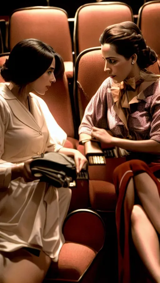 Detailed, close up lesbian Victoria Kent teasing Clara Campoamor at cinema theater, drama movie, panavision