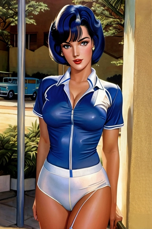 Colour painting of a young Jane Russell ((accurate face)), in nostalgic white and blue gym uniform, ((bare thighs)), smooth skin, sexy butt, fine beautiful body, (detailed skin features),(detailed face features), beautiful face, (detailed body features), beautiful eyes,