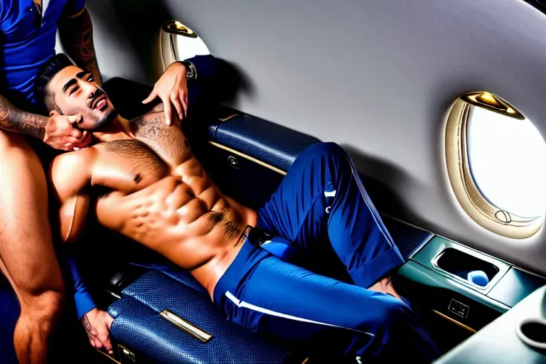 masterpiece quality photograph, 8k resolution, photorealistic image of Maluma getting his dick sucked on a dark private jet at night by a male airline attendant (the moment when Maluma blows his load and used both hands to push the mans head deeper into his crotch)