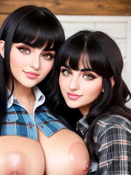 Two gorgeous young Albanian women hugging, photo cute attractive young face, large wide doe eyes, light colored eyes, big plump lips, huge gigantic boobs, (gigantic tits), raven-black hair, bangs, sexy, thin, slim waist, farm outfit, tight flannel shirt, photorealistic, best quality, ultra high resolution