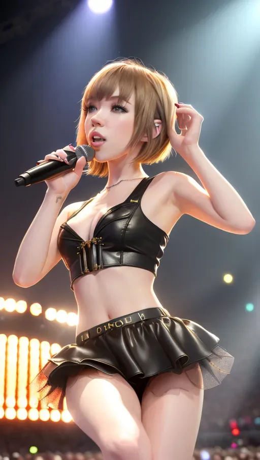 An 8k realistic photo of Carly Rae jepsen, masterpiece, best quality, extremely detailed face, perfect lighting, 1girl, performing at a concert, ((POV FROM CROWD)), ((microskirt, petite, long legs, slim thighs:1.1) , (tight tubetop, slim waist:1.1), (small breasts:1.3), cleavage, happy, looking at viewer, best quality, masterpiece, hyper realistic, full hd,backlighting,extremely detailed CG 8k wallpaper