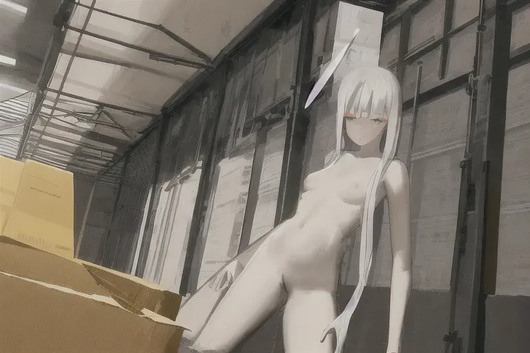 naked female android alone in a warehouse