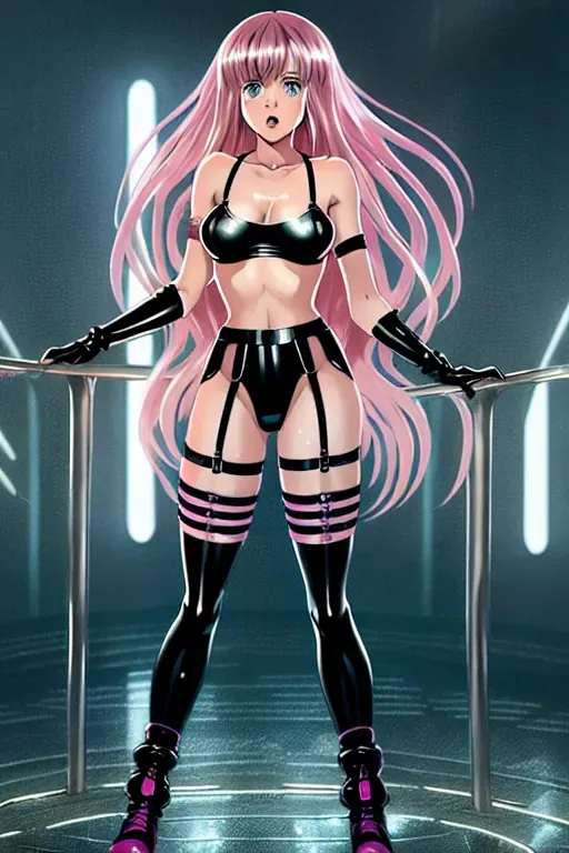 dpmg_katherine_langford_v1 full body Photorealistic anime girl standing with arms at her side wearing stretchy strappy bralette, micro skirt, wet panties, pink and black striped thigh high socks, and long hair and shaggy bangs, seductive face, nice round pussy with nice pussy lips