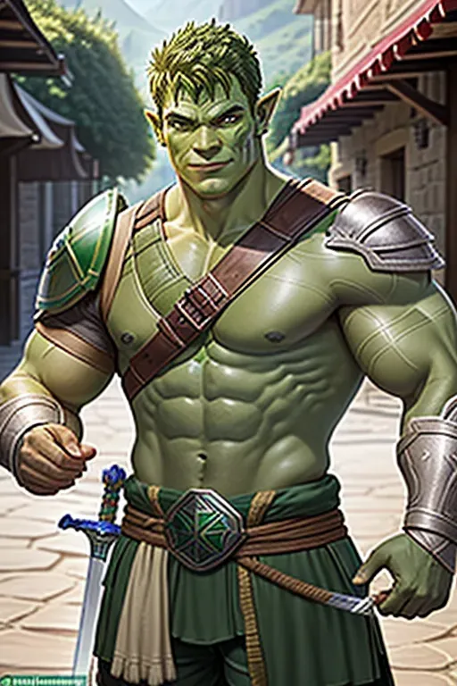 handsome, half orc, gladiator gear,sword,shield. Looks human, green skin Smiling.  Green skin, Human, flexing, village, Alan Ritchson, happy, holding woman