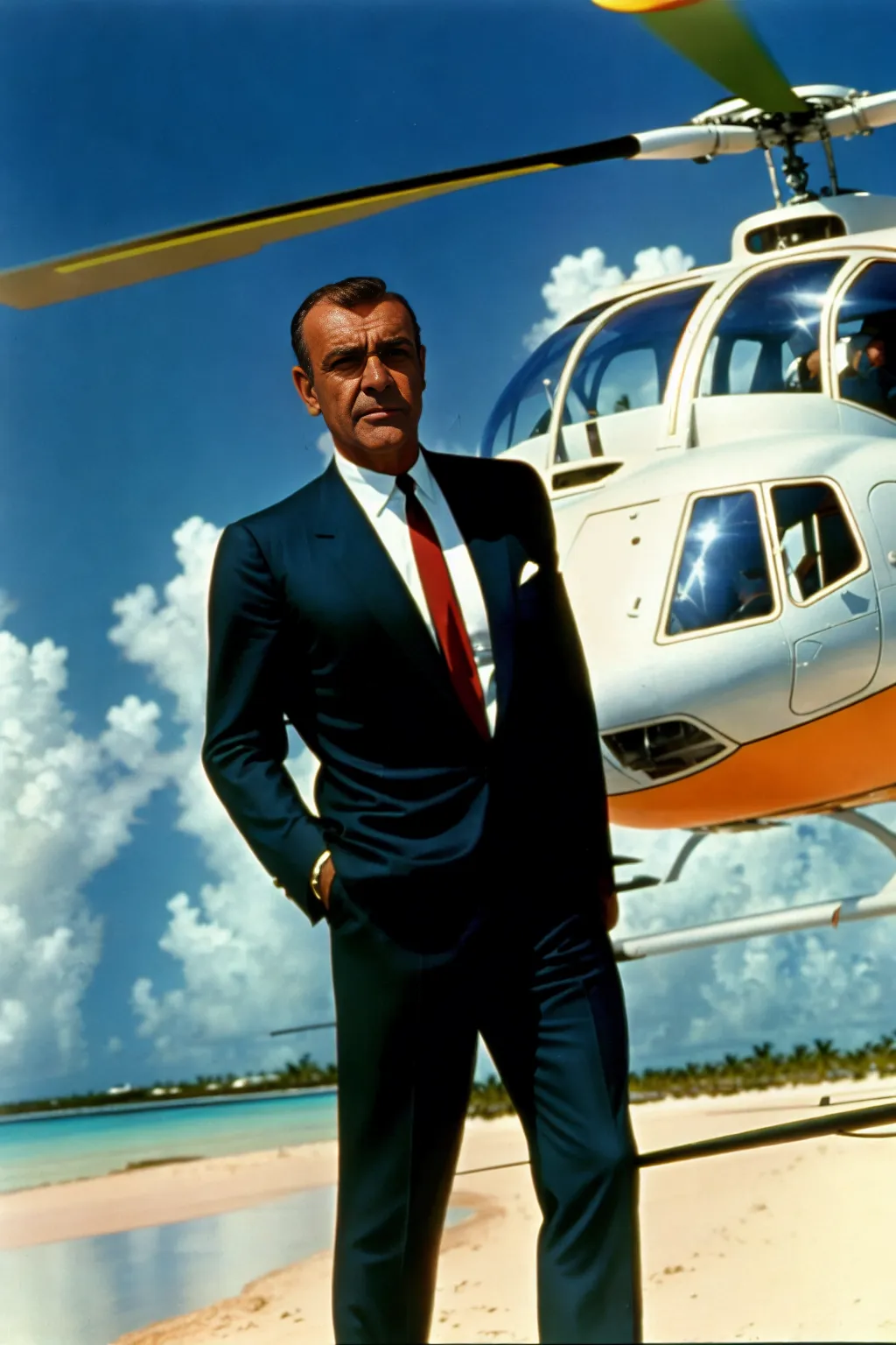 1960s, Sean Connery, as agent 007, as a pilot, flying a helicopter, in the Bahamas, looking at the camera