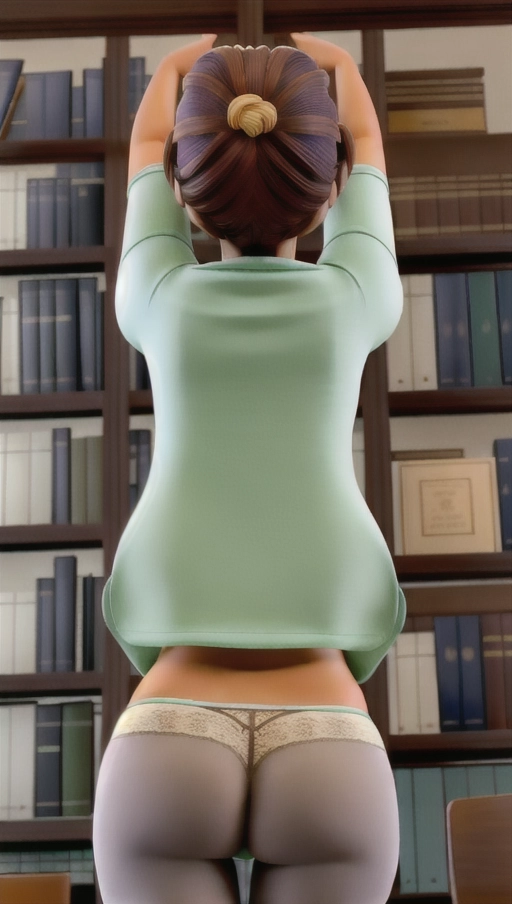 <lora:Pw9zBjP4z5o_PantsedPanties:1> a woman in a library wearing a shirt seen from behind with her pants pulled down, naked ass, hands reaching up