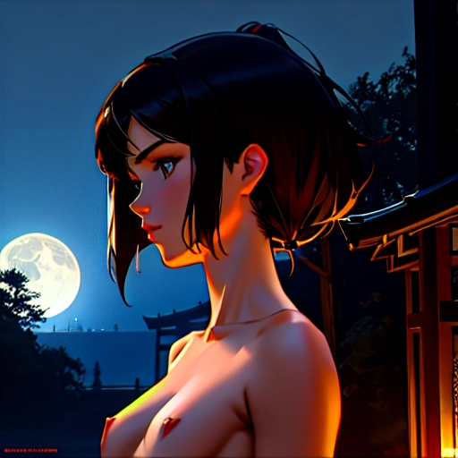 A concept art portrait of a beautiful sharp featured brunette dressed in a tight leather corset and ((bare-chested)) (((topless))) wearing (((thong underwear))), hyperrealistic, in the style of Michael Manning, mm-art, 4K resolution, detailed image, cinematic lighting, dramatic lighting, a moonlit night showing Japanese style buildings and artificial mechanical constructs in the background