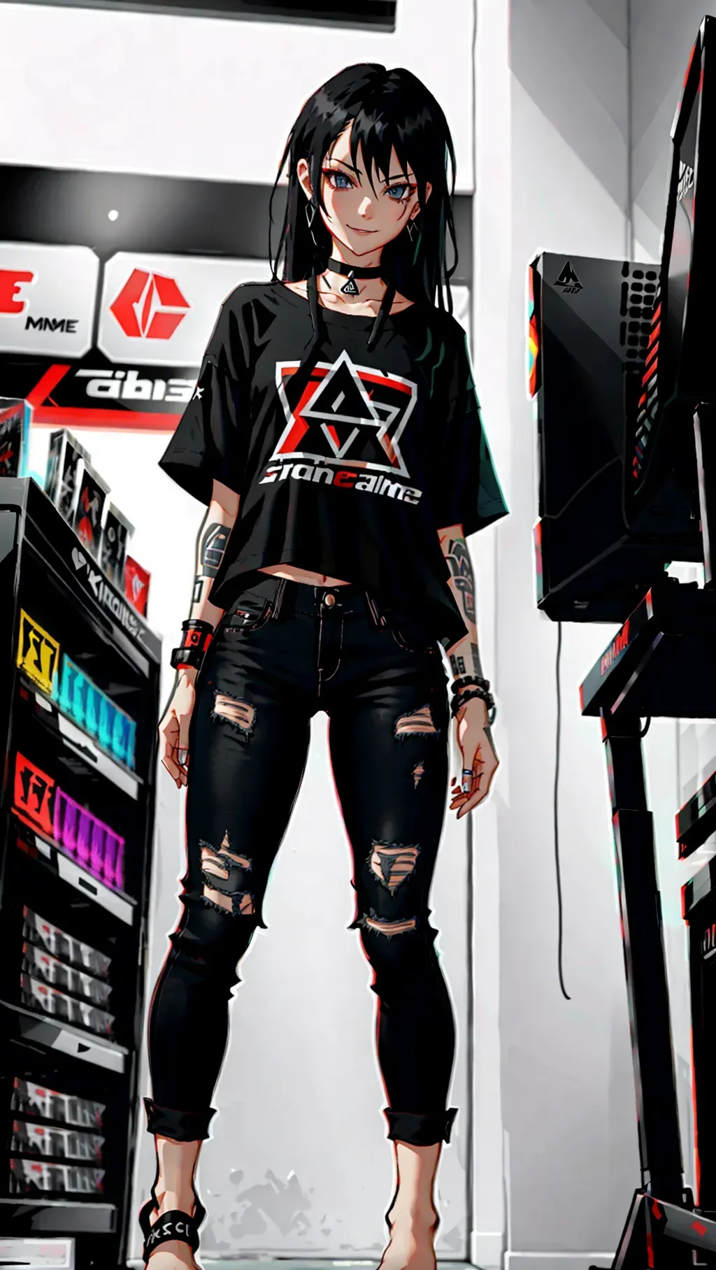cute barefoot thin Caucasian punk female gamestop cashier with an angular face wearing a black gamestop t-shirt and long black flared jeans while standing next to the cash register inside a gamestop shop with long black hair and wearing a black choker and black toeless socks while smiling, downward angle perspective, barefoot, toeless socks, nametag, toe ring, toes,