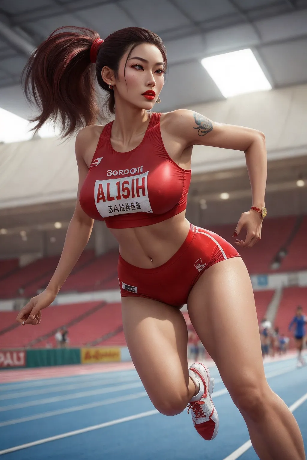A shot of a young tall female asian sprinter running a sprint during competition.
long legs, toned, (very big heavy tits), (huge bouncing tits), super small shorts, super small top, (erect nipples), sneakers, long hair, long eyelashes, heavy makeup, bright red lipstick, big earrings, long nails, lewd tattoo, camel toe, navel piercing,
gorgeous face, (((detailed face))),(((photo))), highest quality, ultra realistic, artstation, highly detailed, highly detailed, high detail hair, (sharp body), detailed body.