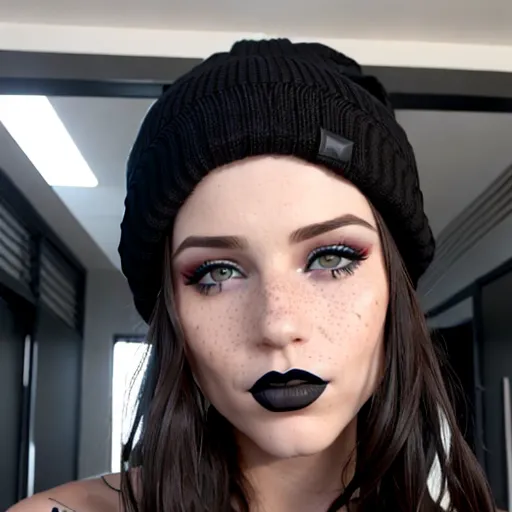 replicate inspiration face, freckles, black lipstick, brunette, black beanie,