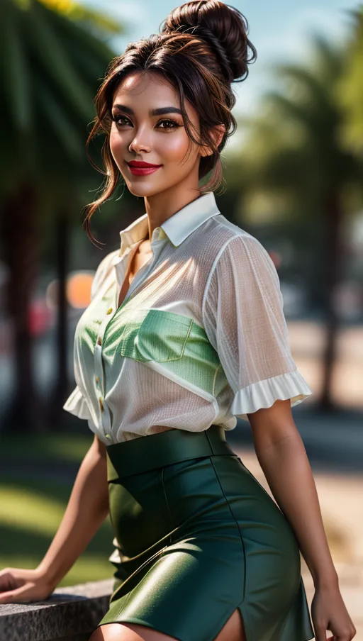 A high resolution photography of a beautiful Brazilian girl, tanned skin, small dark eyebrows, professional makeup, big round green eyes, high cheekbones, (smiling), ((dimples)) , a a long narrow nose, pouty red lips, long black eyelashes, her brown hair tied up in a classical bun,
wearing a short black pencil skirt, wearing a classic white business blouse,
ultra realistic detailed skin, realistic detailed hair, detailed glossy eyes, beautiful lips, detailed face, detailed textured skin, photorealistic, realistic detailed hair, pretty teeth, textured imperfect skin, sweating lightly, realistic pretty feet, (accurate realistic eyes), realistic teeth, realistic mouth, pubic hair, realistic skin color, realistic skin tone,realistic hair color, realistic hair tone,<lora:dpmg_add_detail:1>,
(8k RAW photo), (best quality), (masterpiece:1.3), (photo-realistic), hair highlighted, UHD, Nikon Z5, (50mm lens), f2.8, sharp focus, tack sharp, dof, film grain, Fujifilm XT3, (bokeh), subsurface scattering, volumetric lighting, focused, dynamic pose, dramatic angle, dramatic lighting, cinematic composition, HDR, (highest quality:1.8), highest resolution, (photo-realistic:1.72)
--s 200 --v 5.2