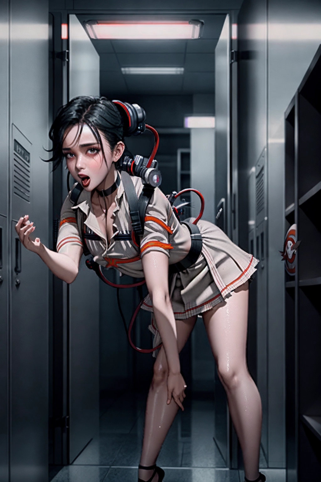 beautiful seductive girls that look like (Female Ghostbusters:1.3), short skirts, wet crop-tops with nipples visible beneath, pokies, stilettos, choker, epic light, cinematic, big eyeliner, blushing, bending over, leaning forwards, in a mens locker room, full body photo, ahegao face, tongue out,
