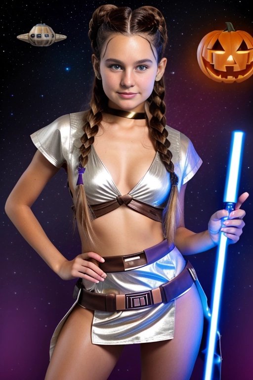18 year old girl with brown braided hair dressed in a kids star wars haloween costume with a sexy and slutty twist. Sexy jedi