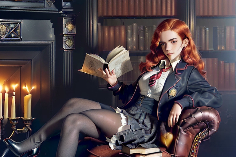 ((a young red headed girl with freckles on her nose))
((very young face))
((Beautiful face))
((Model face))
((slim petite body with medium size round breasts))
((A navy blue school uniform jacket, dark grey skirt that is very short, a white dress shirt, a red and yellow stripped neck tie, a griffon crest on her jacket, white thigh high stockings, black high heeled shoes))
((Sitting in a red Victorian leather armchair, in a library at night, dark area, lit by candle light and a nearby fireplace, lots of old books on shelves and a side table near her with candles and magical oddities))
Ultra-detailed photography
high resolution
uhd-8k
trending on art station
unreal engine
fantasy artwork
harry potter artwork
Emma Watson artwork