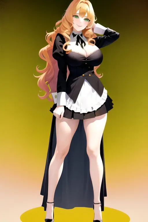<lora:dpmg_skirt_tug:1>, 1girl, clothes tug, strawberry blonde hair, green eyes, black maid uniform, bar, pale skin, giant breasts, high heels, serving drinks, long hair, wavy hair, masterpiece, best quality, highly detailed, smiling, pov, looking at viewer, miniskirt, showing cleavage, realistic, erotic