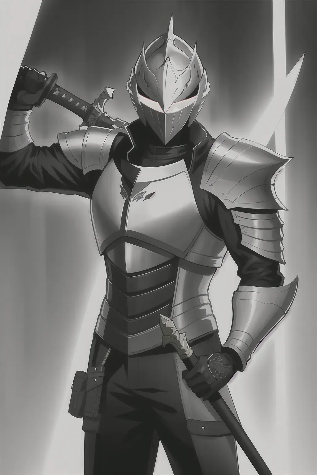 Knight, full face helmet, grey leather jacket, yellow accents, with a sword, male, 8k wallpaper, best quality, ultra hd, global lighting, hi-resolution, high quality, highly detailed, lightning in the background,