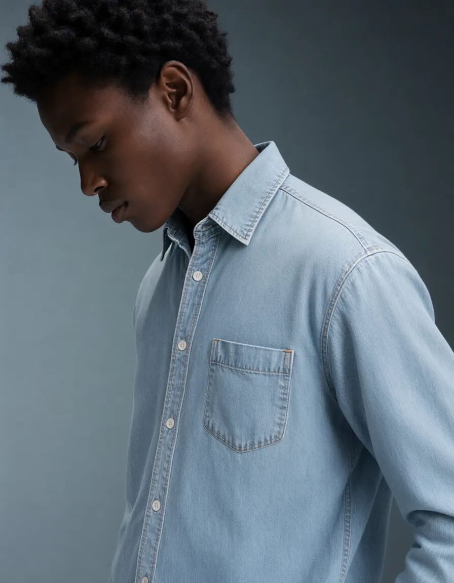 Keep the character and pose in <image1> unchanged, put this light blue denim shirt from <image2> on the character, preserve the original facial features, hair, body shape and pose, the denim shirt fits naturally on body, realistic denim fabric texture, natural clothing folds, keep the original background and original lighting, high fashion editorial photography, sharp details