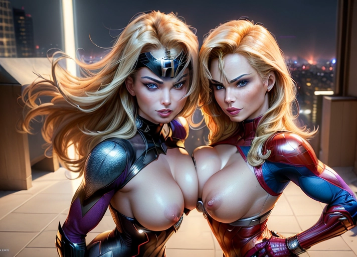 (outstanding portrait of two beautiful women:1.2), (dramatic and epic portrait of two sexy superheros posing next to each other:1.6), (Jaime Pressly with long wild blonde hair and and Claudia Christian with short straight brown hair:1.4), (tight sexy outfits and different hair colour:1.2), (back view focusing on face and hips:1.2), (standing in dramatic and sexy poses while standing close toegether:1.4), (dressed in superhero outfits with midrif and deep cleavage exposing their medium breasts with erect nipples:1.2), short gloves,(detailed blue eyes watching the viewer:1.2), toned athletic body with distinct abs and long slender legs, setting is on top of a tall building in a futuristic city with dramatic purple ligthning in the sky, (high cheekbones:1.4), (smokey eyeshadow:1.2), (pouty lips providing sensual smiles exposing some nice white teeth:1.2),
(front view portrait with focus on face and waist:1.4), (masterpiece:1.2), (photorealism:1.2), <lora:dpmg_add_detail:0.6>, (NSFW:1.1),
cinematic lightning, artificial lighning, great shadows, best quality, highest quality, highest resolution, 8k, Perfect composition, masterpiece, sharp focus, perfect anatomy, five detailed fingers on each hand, two arms, (no ribs visible), (no extra nipples:1.4), (not deformed hand), (not deformed fingers), no lost body