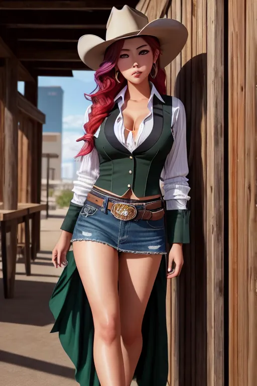 a color pencil draw of,yua mikami,wearing cowboy clothes,walking,at the office,five fingers per hand,fishtail hair,beautiful face,beautiful lips,green eyes,curved eyebrows,textured skin,satisfaction,tattoo,8k,cgsociety,smooth,ultra realistic,pixiv