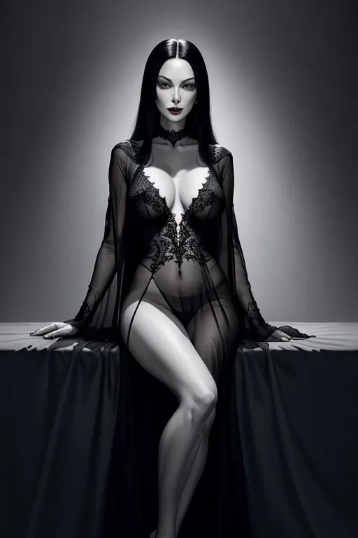 morticia addams, illustration of a slut, full frontal nude, open sheer robe, big breasts, legs spread, detailed face, intricate, elegant, sharp focus, soft lighting, vibrant colors, masterpiece, detailed face, detailed face,