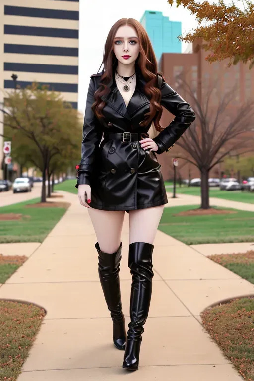 full body, chestnut hair, green eyes, short girl, black miniskirt, black high heel boots, red trench coat, looking at viewer, long hair, pale skin, black necklace, black blouse, 24 years old, giant breasts, cute face, pov, wavy hair, city environment, Oklahoma City
