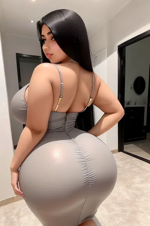 Gorgeous Arab teen bimbo, huge enormous perky tits, straight black hair, cute young face, full plump beautiful lips, sexy, slim waist, thicc hourglass figure, huge juicy round heart-shaped ass, amazing ass, very tight grey dress, hands grasping waist, photorealistic, view from behind