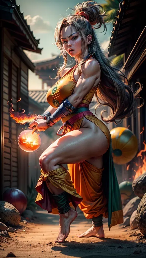 A digital art of, professional photograph, a beautiful woman is doing a kameha ball on Kame Sennin island, green long hair standing on end, yelling, (((wearing a namek outfit))), (((fire ball in hands))), highly detailed eyes, perfect eyes, beautiful face, highly detailed face, perfect breast, perky tits, <lora:dpmg_add_detail:1.2>, sunny bright light, paradisiac shore, (Kame Sennin amazed in background), bokeh, five fingers per hand, cinematic composition, UHD, HDR, highest quality, highest resolution, (photorealist:1.2), (photorealism:1.2), (masterpiece:1.4)