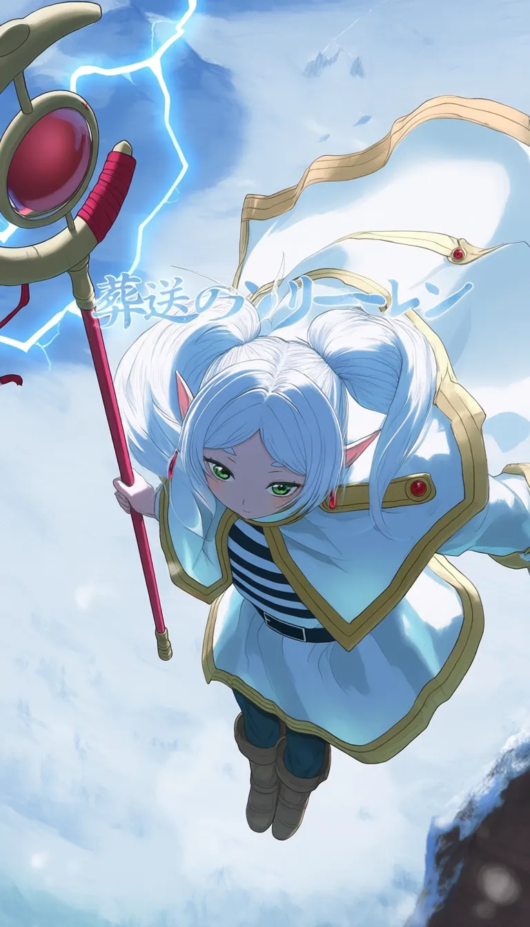 frieren, sousou no frieren, elf, green eyes, white hair, twintails, striped clothes, white capelet, full body, floating in the air, from below, holding staff, magic, lightning, dutch angle, blending, outdoors, snow, text overlay "葬送のフリーレン"