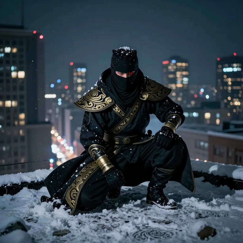 photograph, night scene, snowy city, rooftop, ninja, crouching, detailed, dark cloak with gold patterns, black mask with red eyes, black gloves, gold wristbands, black boots, snow-covered rooftops, city lights, tall buildings, winter, urban, stealthy, mysterious, dramatic, dark blue sky, cityscape, illuminated windows, high vantage point, intricate clothing details, ninja gear, winter clothing, urban ninja, city at night, snowy rooftops, intricate patterns, dark and moody, action pose, ninja silhouette, city lights reflecting, urban setting, high contrast, atmospheric, cinematic, fantasy, adventure, stealth, detailed textures, city lights, rooftop snow, nighttime, winter cityscape, ninja in city, detailed costume, intricate design, ninja in snow, urban fantasy, nighttime photography.