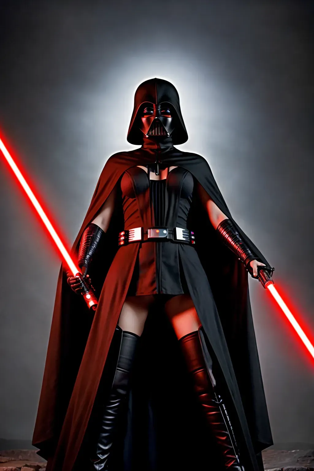 a photograph of, a female Sith warrior, full body, wearing a black cloak, holding a red lightsaber, in a dark temple, five slender fingers, beautiful lips, curved eyebrows, curved eyelid, beautiful eyes, professional, ultra realistic,