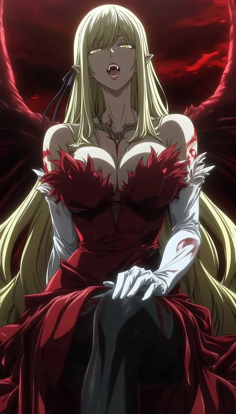 dark_art_style, kiss-shot acerola-orion heart-under-blade, very long hair, blonde hair, hair ribbon, yellow eyes, fangs, vampire red dress, vampire, bat wings, cleavage, white gloves, elbow gloves, black pantyhose, 1girl, solo, alone, masterpiece, highres