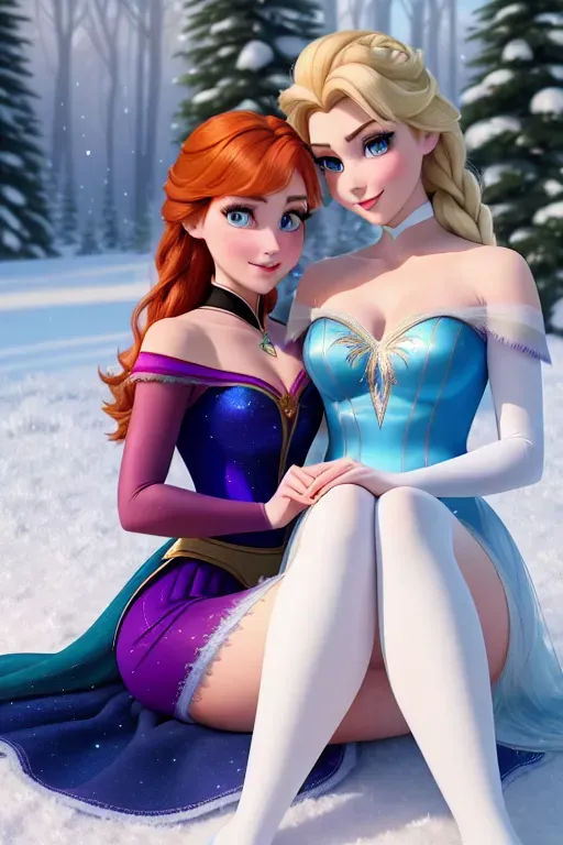 a colour painting of, ((full length)) ((auburn)) Anna and ((blonde)) Elsa from Frozen(((show full body and legs))), sitting in winter landscape, wearing sexy leotards, five slender fingers, beautiful face,beautiful lips, long sexy legs, detailed large eyes,curved eyebrows,pale skin,cosy.,,bokeh,8k,cgsociety,editorial