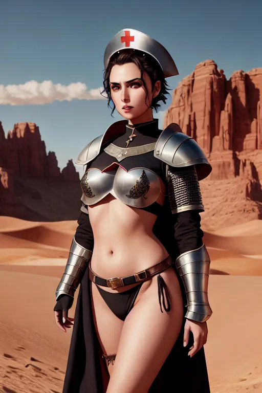 a color pencil draw of,a nurse,wearing medieval armor,standing,in the desert,small breasts,five slender fingers,short thick hair,beautiful face,beautiful lips,black eyes,curved eyebrows,curved eyelid,textured skin,cosy,tattoo,editorial,cinematic lighting,pixiv,cgsociety,studio lighting