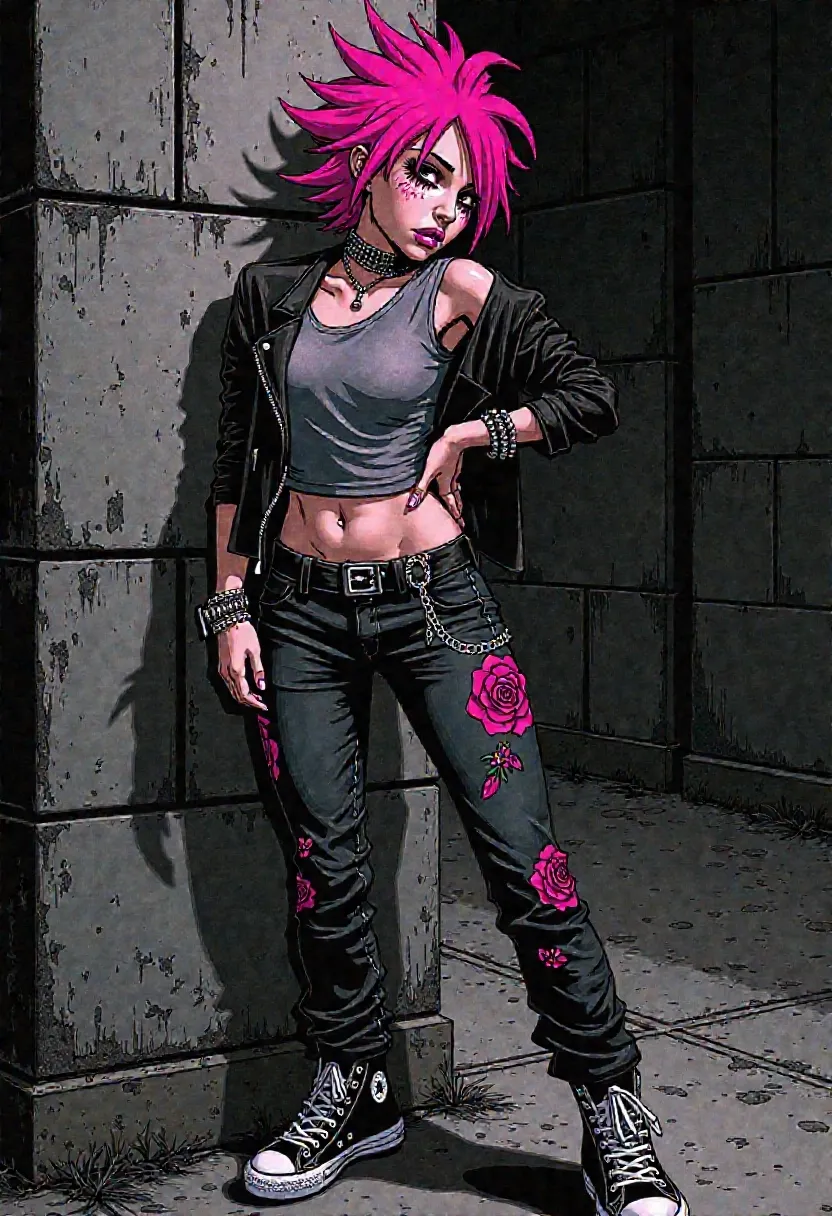 Abbi Rose, punkrock girli with itty bitty chaos and grown-ass posture, rendered in hand-drawn realism with graphic linework and layered surface grit
wiry frame, crazed fauxhawk in faded magenta, razored sides with jagged pixie-tuft crown like static frozen mid-charge, face angular and intense, wide eyes lined in smudged black, lips parted in a feral gloss-smudged grin, neon pink painted over trouble
gray fitted tanktop beneath a fine black mesh long-sleeved top, both layered snug over her frame like street armor
acid-washed jeans fitted and rugged, no rips, stitched with jagged hand-sewn pink roses across the thighs and hip seams, a small silver waist chain draped low on one side like a whispered threat
feet in tall platform-soled Converse All Stars, beat-up and marker-tagged, laces mismatched and sharpied with anti-authority flair
accessorized in punk clutter—chain loops, safety pins, chipped black nails, one spiked bracelet—each detail inked with controlled imperfection, body angled off-center in mid-frame, hip cocked, eyes locked, a girli lit by tension and rendered in bold strokes and deliberate contrast
