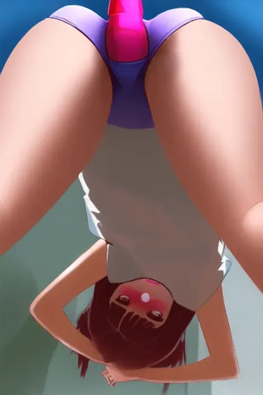 a girl that is being anal while hanging upside down by a dildo and is embarrassed by the people in the shadow watching her while being naked