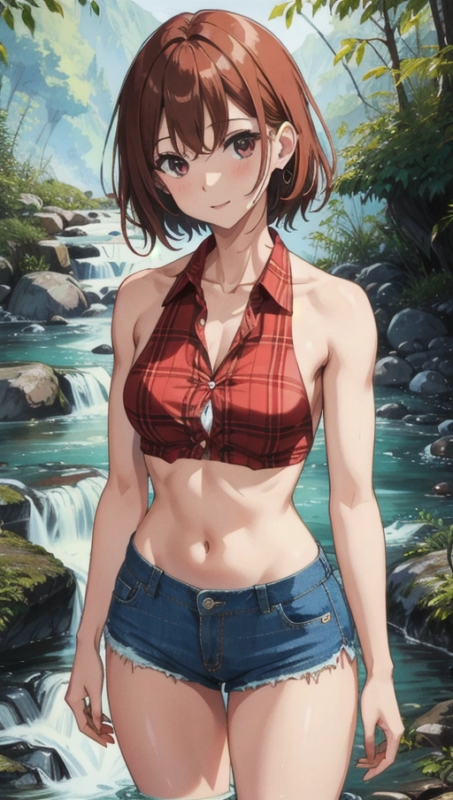 Fit muscled thin young hillbilly woman playing by the creek, country background , (((mostly nude))), revealing undersized tight micro short shorts,tight undersized tied off red checkered button up crop top