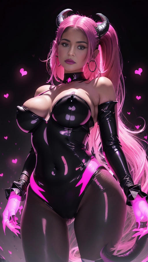 best quality, (((ultra high res))), (((detailed face and eyes))), (perfect face), (big shining heart choker), earrings, jewelry, (((big glowing succubus mark))), ((((big glowing succubus bodymark)))), (conjuring), witch, ((very long voluminous hair)), (((black gloves))), (((black hair))), (((single black ponytail))), (((golden bracelet))), (((huge golden hair cuff))), (((black skintight neckholder))), ((face closeup)), lipstick, (((((black demon tail))))), ((black long sleeves)), ((purple glowing heart)), (((big cameltoe))), (((demon mark))), heart on womb, (((((bright pink glowing skin tone))))), (((straight black hair))), ((pink glowing clothes)), ((pink luminescent)), ((((pink luminescent skin tone)))), (((pink skin))), (((Kylie Jenner))), (((from below)))