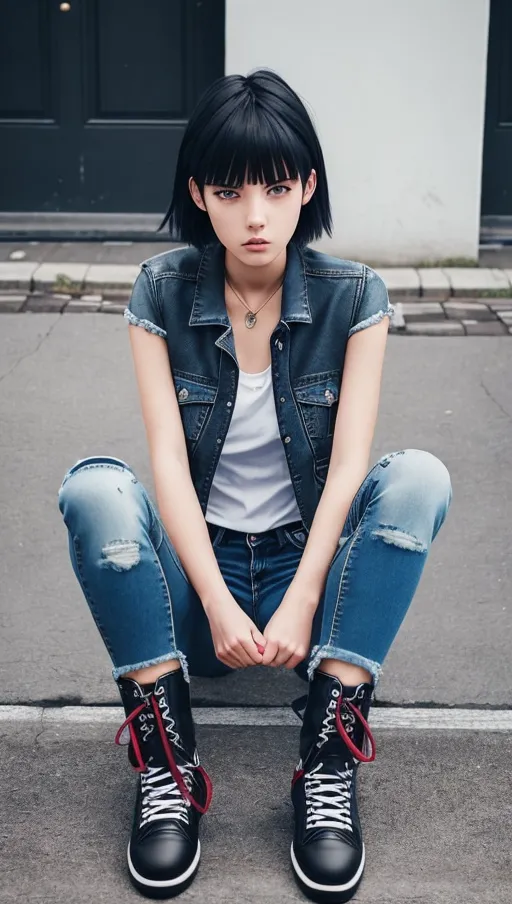 young lady, angry, worn and very torn jeans, black short Manga style hair, bluish eyes, beautiful face, red doc Martin shoes, black leader jacket with racer blades, sitting on ground floor with one angled leg and one leg stretched, hands holding on knee, back is leaning against a wall, summer, street in Berlin
