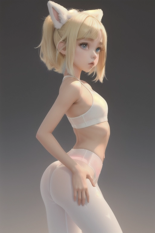 a petite, energetic bunny girl, with fluffy white fur bunny tail. She dressed in a revealing ravers outfit (tight translucent sports bra with g string thong showing under tight and revealing silk leggings ), perfect ass and bubble butt with wide hips and long legs and cute feet and perky small breasts, exposed navel and bikini line, with her long ears poking up through her short blonde hair.