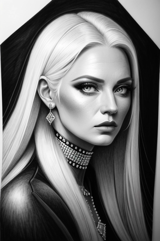 1girl, leaning forward, masterpiece, best quality, highly detailed, ((Pencil Drawing)), Studio lighting, black and white, (((portrait))), (head turned), no smile, diamonds, white hair, long hair, age 35, roulette