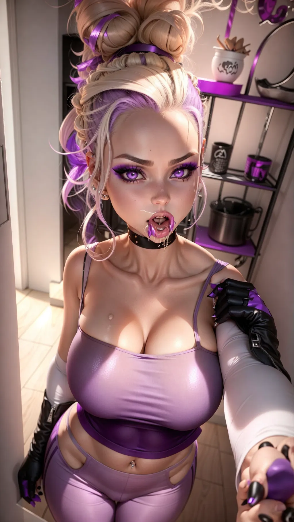 Dopamine Girl - Goth Girl with purple and blonde hair in q messy bun,  orgasm face, white crop top, tight sweatpants, thigh gap, camel toe, big  breast, PObXvnDQkVl