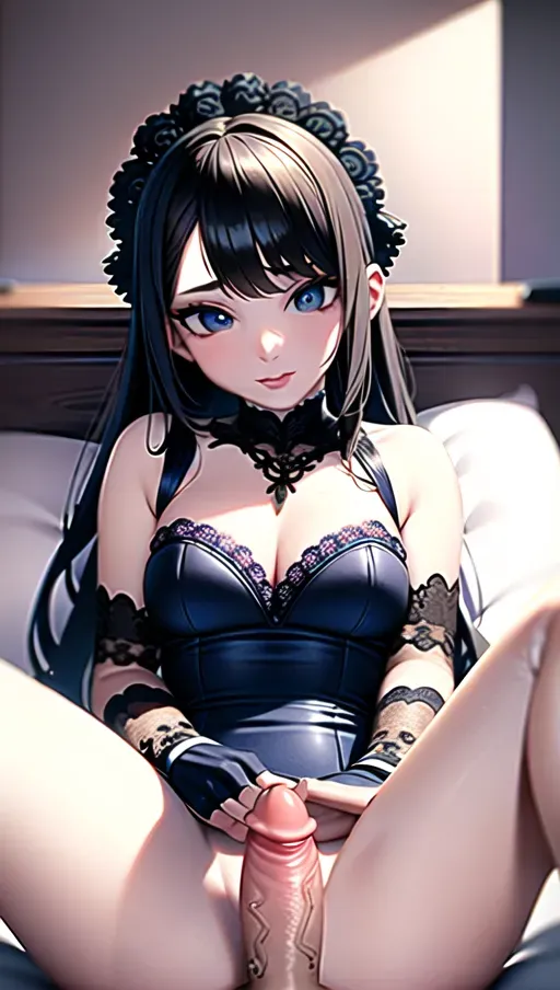beautiful, masterpiece, best quality, extremely detailed face, perfect lighting, 1girl, solo, <lora:dpmg_imminent_fuck:0.9>, 1boy, penis, imminent penetration, lying, on back, spread legs, pov, leg grab