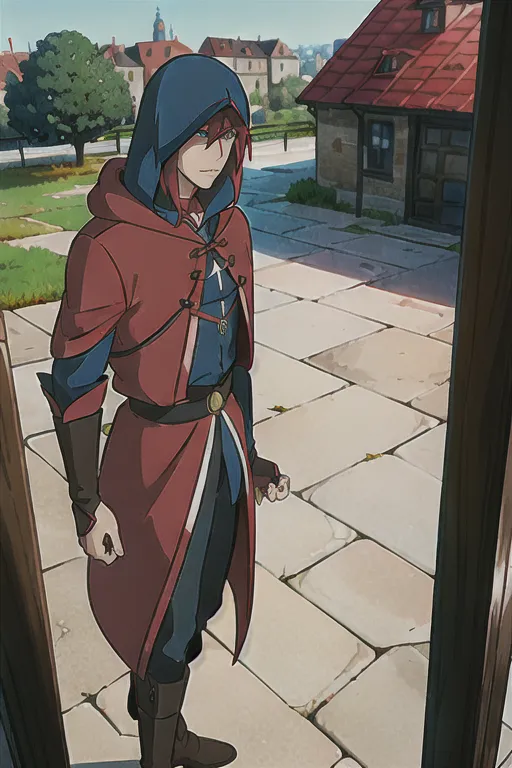 ghibli style, 1 male rouge thief, best quality, highly detailed ,Tall, handsome, red hair short greasy hairstyle, unnaturally bright blue eyes, assassins hood on head, crazy over the top brown and black leather clothes , Anime rogue style, gentleman thief, smooth charismatic looking guy, medieval timeline isekai, scouting assassins creed style, assassins cloak and hood coloured black and brown leather reinforced, ((masterpiece)) <lora:dpmg_ghibli_style:0.92>